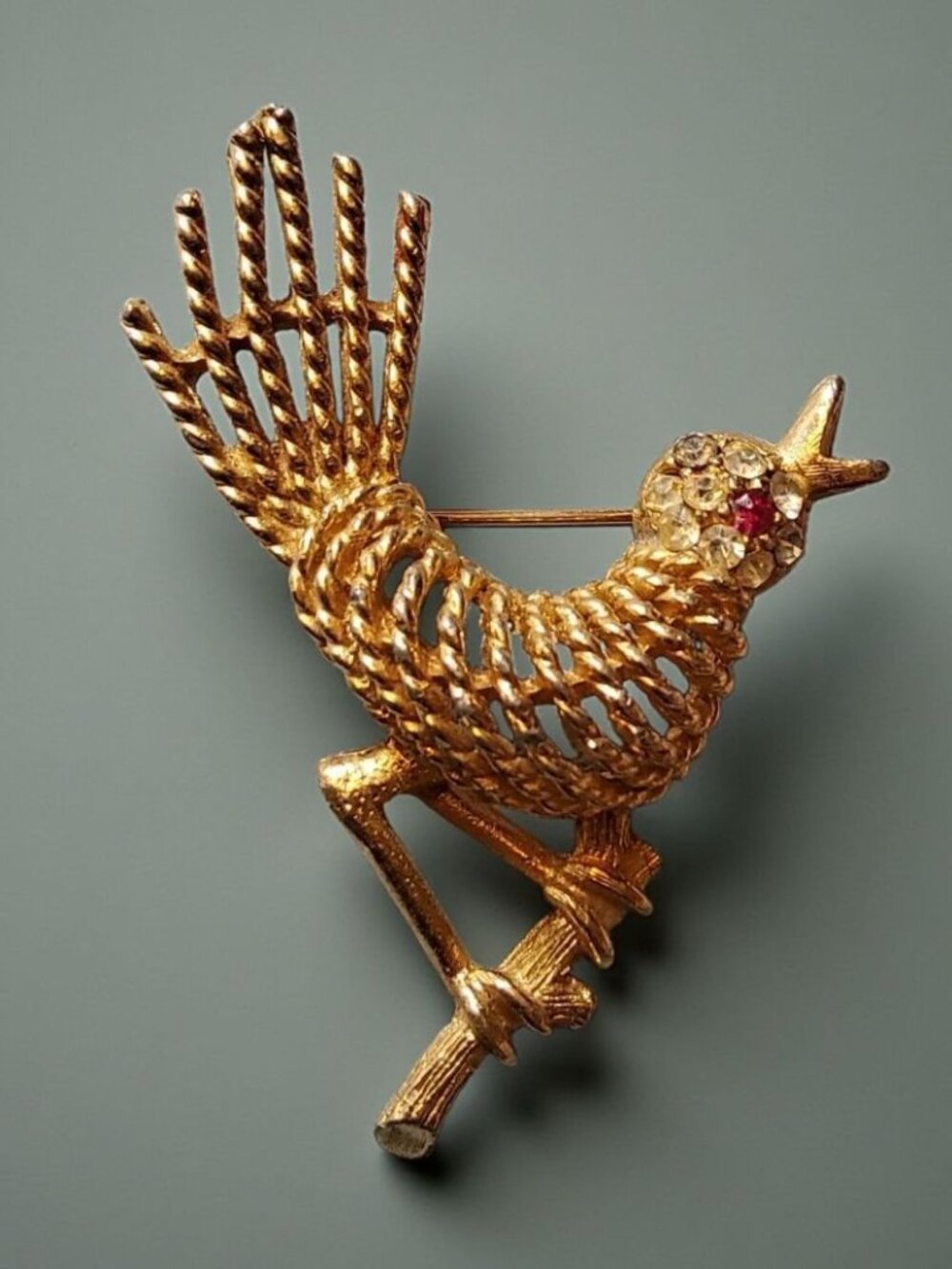 Vintage BSK Gold Tone and Rhinestone Bird Brooch